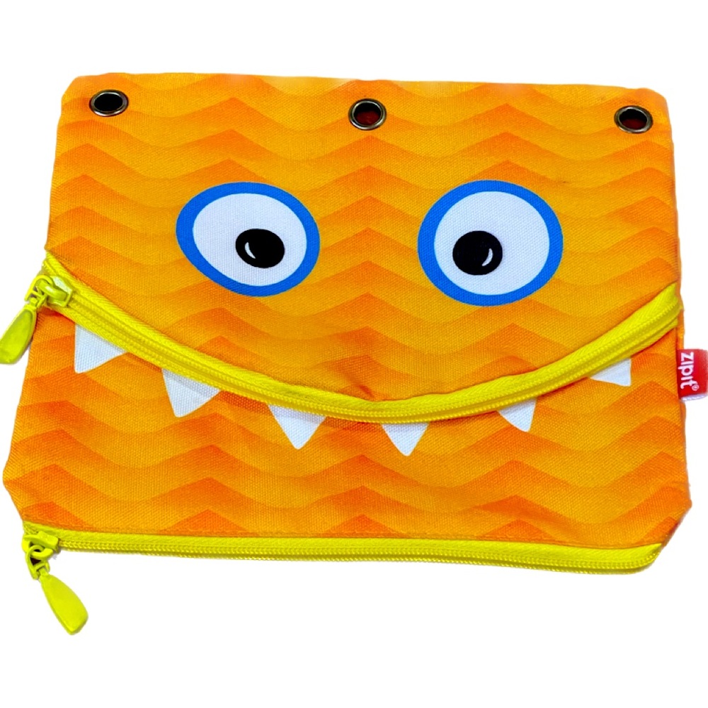 Zipit monster pencil pouch for 3 ring binder orange blue white teeth 2 zippers